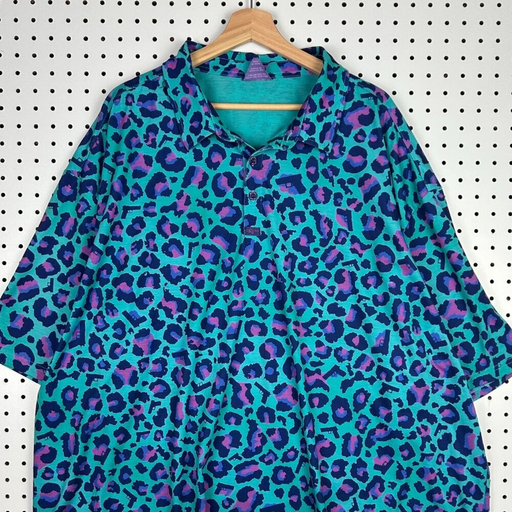 Retro Rifle Leopard Miami Polo Shirt Size 4XL RARE PRINT Golf Performance LOUD - Picture 2 of 6